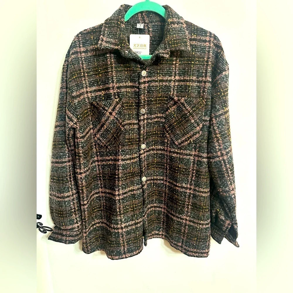 Unisex Shacket thick shirt plaid pink grey brown size xxl NWT